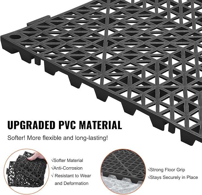 VEVOR Interlocking Tile 55PCS Black, Drainage Tiles 12" x 12" Splicing, Soft PVC Interlocking Drainage Floor Tiles, Non-Slip Drainage Holes for Restroom, Bathroom, Kitchen, Pool, Wet Areas | for Restroom Bathroom Kitchen Swimming Pools Wet Areas, 0.6-I...