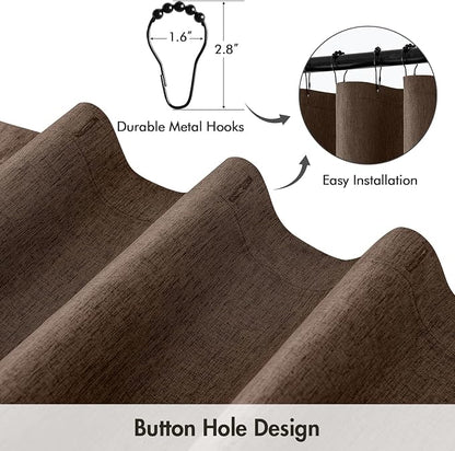 ANRODUO Brown Linen Textured Fabric Shower Curtain Set - W72xL72 | Farmhouse Shower Curtain with 12 Metal Hooks, Waterproof Heavy Duty, Button Hole Design, Machine Washable for Bathroom
