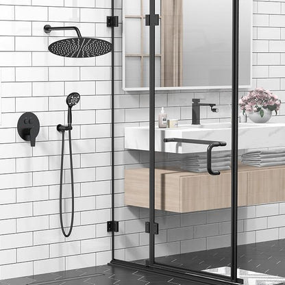 SR SUN RISE 10" Matte Black Rain Shower Faucet Set with Valve & Handheld | Dual-function High Pressure Shower System, 6-Setting Handheld, Pressure-balanced Valve Anti-Scald, Push-button Diverter