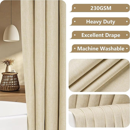 Natural Linen Look Shower Curtain Beige Extra Tall 72 x 96 Inch, Heavy Duty Faux Linen Fabric Shower Curtain Long Water-Resistant, Washable Cream Shower Curtains for Bathroom