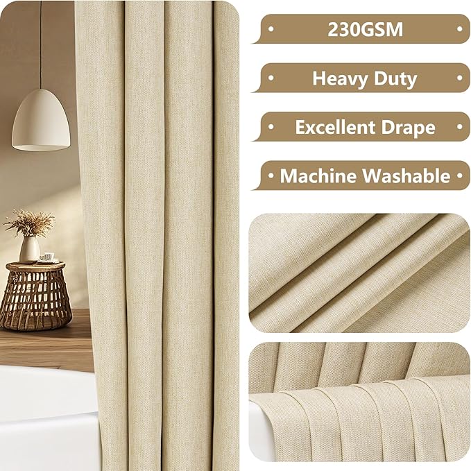 Heavyweight Beige Fabric Shower Curtain Short 60 x 66 inch, Water-Resistant Faux Linen Polyester Farmhouse Shower Curtain, Linen Look Small Bathroom Curtain for Rv Camper Trailer