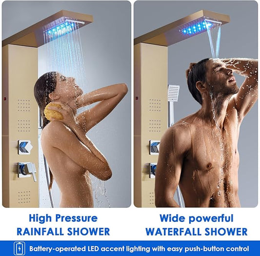 ROVOGO Gold Shower Panel Tower System with Led Lights, Rainfall Waterfall Shower Head, Body Massage Jets, Handheld and Tub Spout, Stainless Steel Shower Column with Mixer Valve, 46.5"