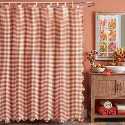 HunnmingRe Pink Ruffled Gingham Shower Curtain 72 x 72 Inch | Cotton Vintage Farmhouse Rural Plaid Shower Curtain with 12 Hooks, Bathroom Bathtubs Decor