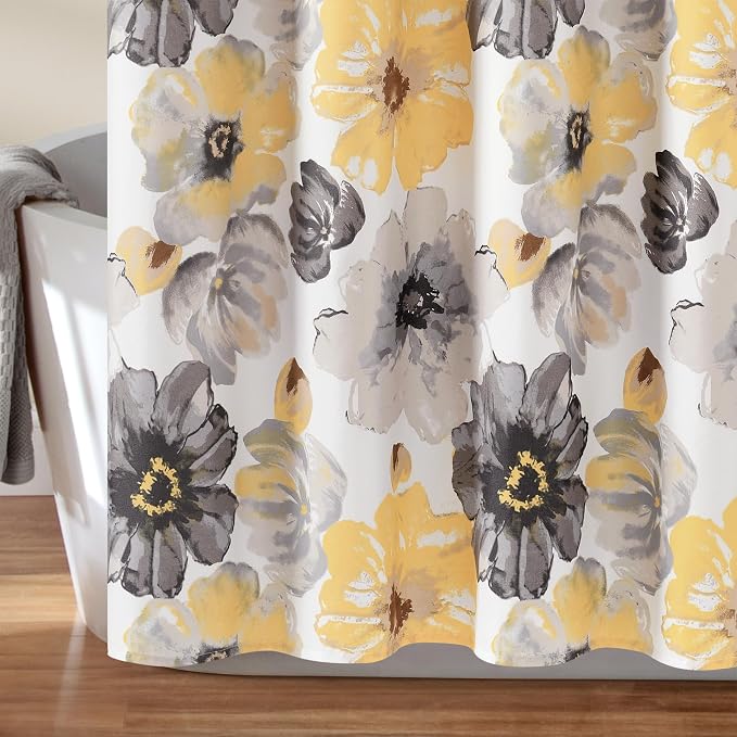 Lush Decor Leah Floral Shower Curtain, 72" W x 84" L, Yellow/Gray - Fabric Shower Curtains - Watercolor Botanical Bathroom Curtain - Farmhouse & French Country Decor
