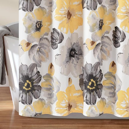 Lush Decor Leah Floral Shower Curtain, 72" W x 84" L, Yellow/Gray - Fabric Shower Curtains - Watercolor Botanical Bathroom Curtain - Farmhouse & French Country Decor