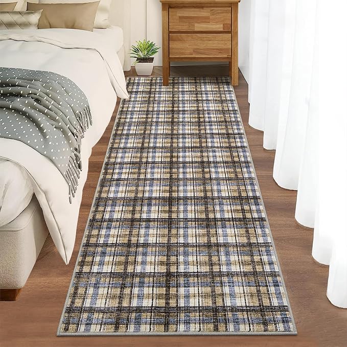 Washable Rugs 2x6 Runner Rug Modern Bordered Bathroom Rugs Non Slip Kitchen Runner Low Pile Entryway Rug Soft Runners Stain Resistant Carpet for Laundry Hallway Bedside 2'x6' Blue&Camel