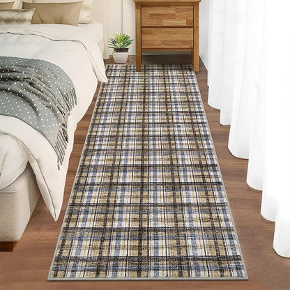Washable Rugs 2x6 Runner Rug Modern Bordered Bathroom Rugs Non Slip Kitchen Runner Low Pile Entryway Rug Soft Runners Stain Resistant Carpet for Laundry Hallway Bedside 2'x6' Blue&Camel