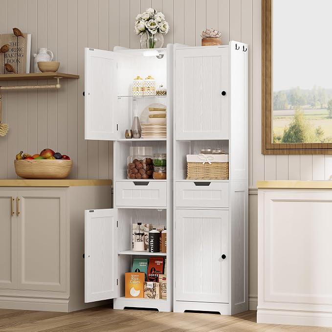 LIKIMIO Tall Bathroom Storage Cabinet with Lights, 2 Doors and 1 Drawer | Narrow Bathroom Storage Cabinet with Adjustable Shelves, 2 Hook, Slim Freestanding Cabinet for Small Space, 15.7" Wide, White