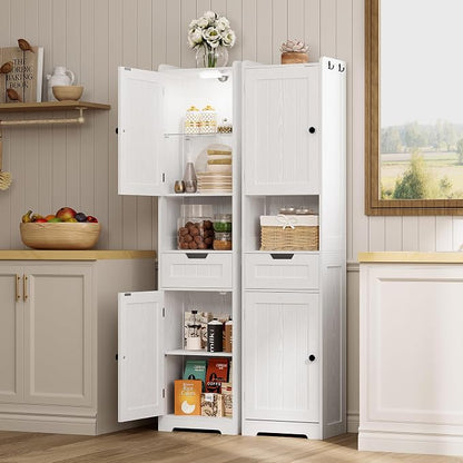 LIKIMIO Tall Bathroom Storage Cabinet with Lights, 2 Doors and 1 Drawer | Narrow Bathroom Storage Cabinet with Adjustable Shelves, 2 Hook, Slim Freestanding Cabinet for Small Space, 15.7" Wide, White