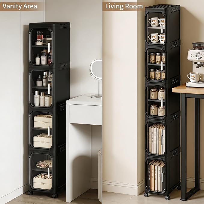 LXLXXL 5-Tier Narrow Storage Cabinet Slim Bathroom Tall Skinny Organizer | Movable Slim Storage Cabinet with Lockable Rolling Wheels Adjustable Detachable Shelves Snap Assembly for Small Spaces,Black