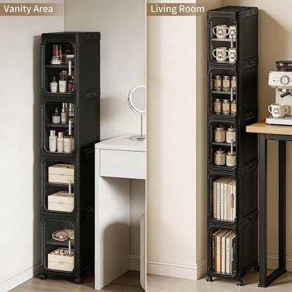 4-Tier Narrow Storage Cabinet Slim Bathroom Tall Skinny Organizer,Black | Foldable Storage Cabinet with Lockable Rolling Wheels Magnetic Clear Door Adjustable Detachable Shelves For Narrow Space