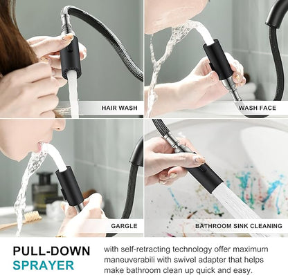 KENES Black and Gold Pull Out Widespread Bathroom Faucet 3 Hole, 8 Inch 2 Handle Bathroom Sink Faucet with Pull Down Sprayer, Vanity Faucet with Pop Up Drain and Supply Lines LJ-9068-BG
