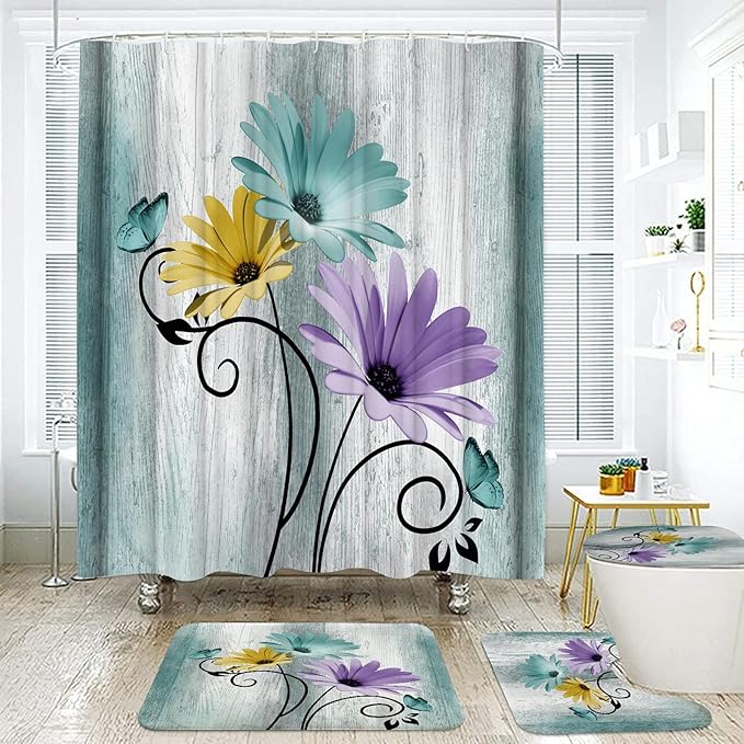 Onalasyc 4PCS Blue Green Daisy Bathroom Sets with Shower Curtain and Rugs | Country Floral Butterfly Shower Curtain Set,Modern Bathroom Decor Shower Curtains Set with Rugs Toilet Lid Cover and 12 Hooks