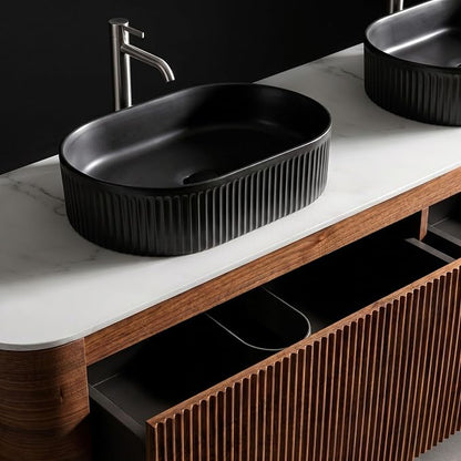 72" Preassembled Double Floating Bathroom Vanity with Black Sink, Walnut | Mid-Century Modern Style, Fluted & Soft-Close Drawer with U-shaped Wall, Sinterted Stone Countertop, Towel Rack Included