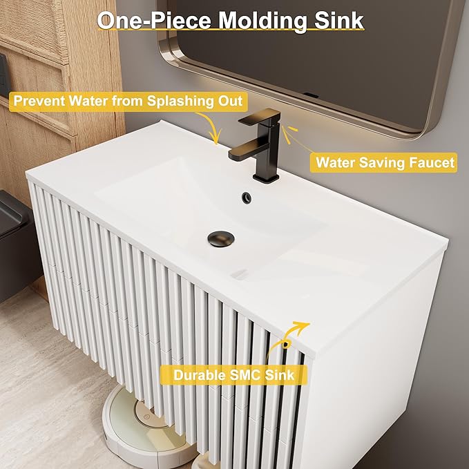 eclife 36" Floating Bathroom Vanity with Sink Combo, Modern Wall Mounted Cabinet with 2 Fluted Drawers, Undermount Sink, Faucet, Drain, Mixed White