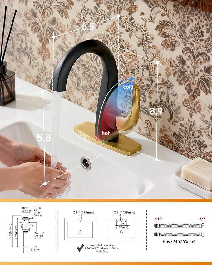 WOWOW Single Handle Bathroom Faucet 1 Hole High Arc Bathroom Basin Faucet Black and Gold with Pop-up Drain, Solid Brass Commercial Bathroom Sink Basin Vanity Bar Faucet (Patented Product)