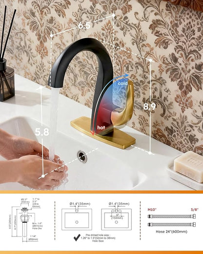 WOWOW Single Handle Bathroom Faucet 1 Hole High Arc Bathroom Basin Faucet Black and Gold with Pop-up Drain, Solid Brass Commercial Bathroom Sink Basin Vanity Bar Faucet (Patented Product)