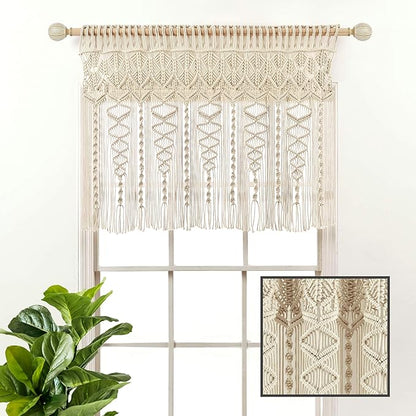 Lush Decor Boho Macrame Textured Cotton Valance, 40" W x 30" L, Neutral - Boho Kitchen Curtains & Wall Decor - Macrame Valance - Bathroom Window Curtains