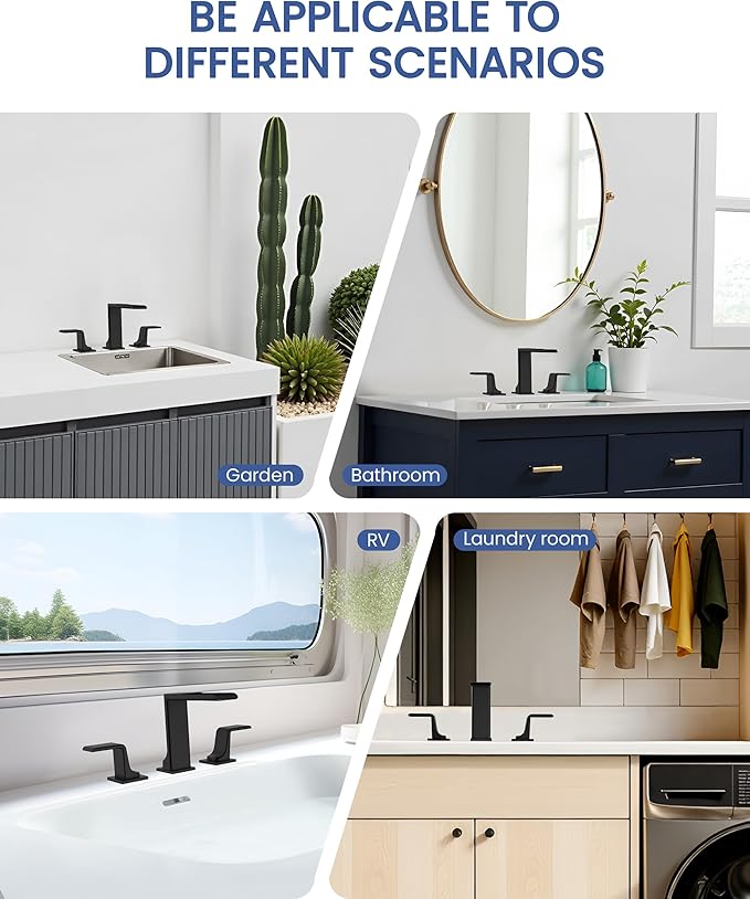 Matte Black Bathroom Sink Faucet 3 Hole - 8 Inch Waterfall Vanity Faucets with Pop Up Drain - Modern Widespread 2 Handles Bathroom Faucet for Farmhouse, Restroom, Lavatory