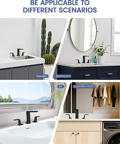 Matte Black Bathroom Sink Faucet 3 Hole - 8 Inch Waterfall Vanity Faucets with Pop Up Drain - Modern Widespread 2 Handles Bathroom Faucet for Farmhouse, Restroom, Lavatory
