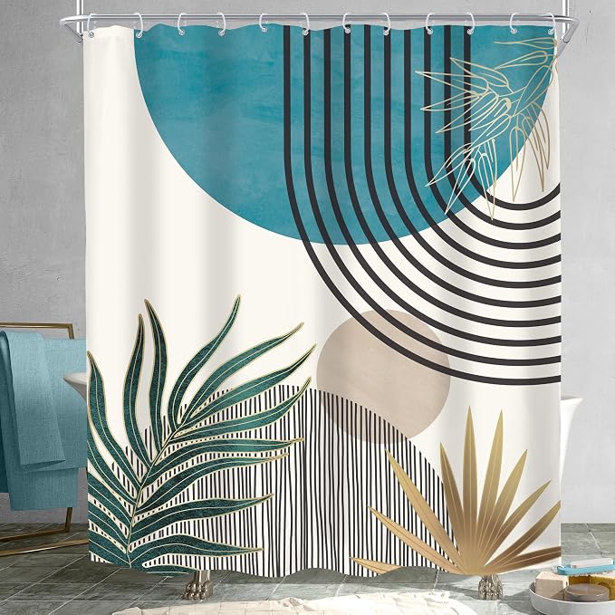 Mid Century Boho Abstract Blue Modern Gray Bathroom Shower Curtain Set | 60Wx72L Sun Arch design, waterproof HD print with fast-drying fabric and 12 hooks.