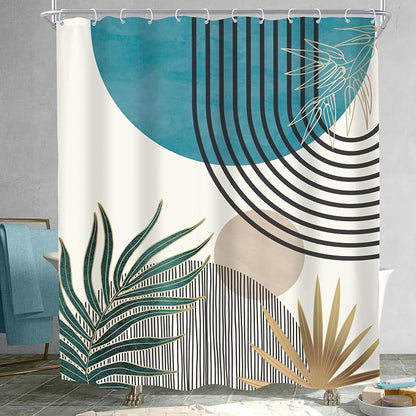 Mid Century Boho Abstract Blue Modern Gray Bathroom Shower Curtain Set | 60Wx72L Sun Arch design, waterproof HD print with fast-drying fabric and 12 hooks.