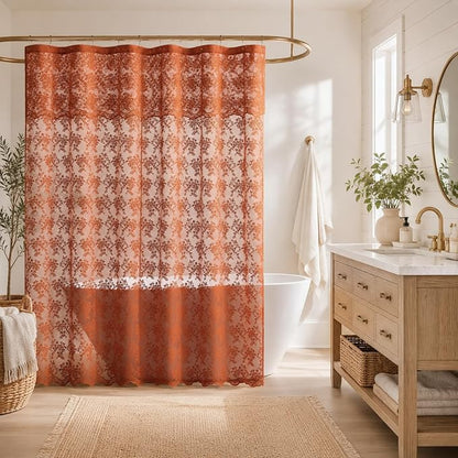Orange Lace Shower Curtain with Attached Valance, 72x72, Terracotta | Scallop Edge, Sheer Bath Curtain, Floral Lace Design, Semi-Sheer Privacy, Vintage Farmhouse Boho Fall Bathroom Decor