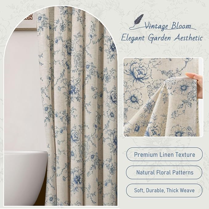Farmhouse Floral Vintage Shower Curtain for Bathroom, Dark Blue and Tan | Elegant Boho Pattern Bath Curtain Linen Fabric,72" W x 72" L
