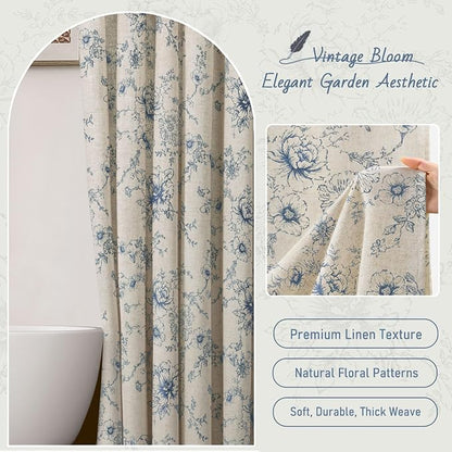 Farmhouse Floral Vintage Shower Curtain for Bathroom, Dark Blue and Tan | Elegant Boho Pattern Bath Curtain Linen Fabric,72" W x 72" L