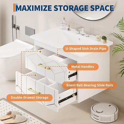 Garvee 24" Bathroom Vanity with Sink, Floating Bathroom Vanity with Ceramic Basin, 2 Large Storage Drawers with Gold Metal Handle, Modern Wall Mounted Bathroom Cabinet with Sink, White