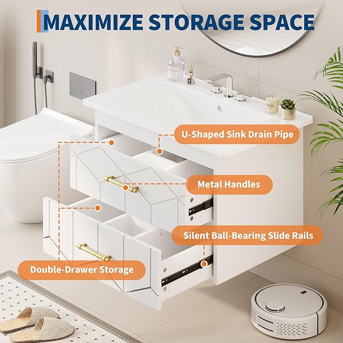 IDEALHOUSE Floating Bathroom Vanity with Sink 24 inch, Modern Bathroom Sink Cabinet, Ceramic Vanity Top, 2 Large Storage Drawers with Gold Metal Handle, Easy to Assembly, White