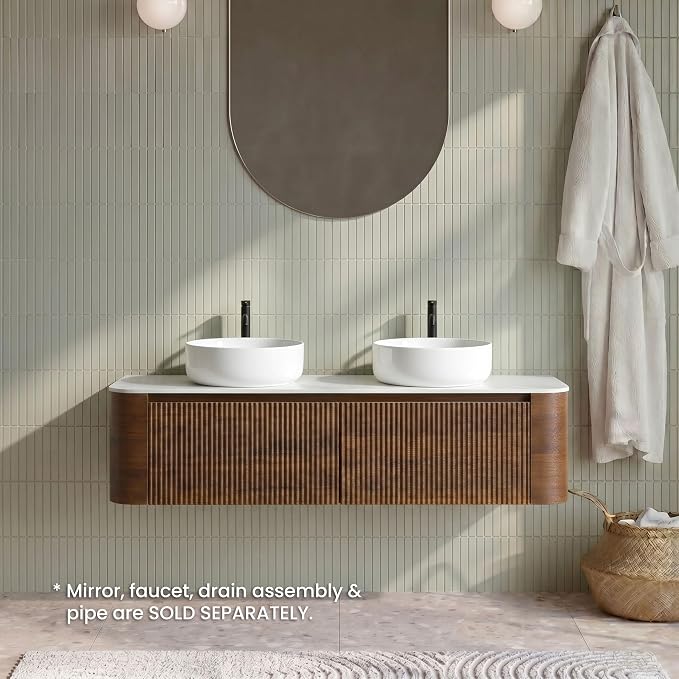 60" Preassembled Double Floating Bathroom Vanity with Round Sink, Walnut | Mid-Century Modern Style, Fluted & Soft-Close Drawer with U-shaped Wall, Sinterted Stone Countertop, Towel Rack Included
