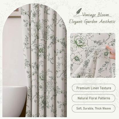 Farmhouse Floral Cotton Shower Curtain, Vintage Green Pattern Rustic Shower Curtains for Bathroom, 72x72