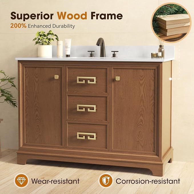 48 Inch Bathroom Vanity with Sink, Light Walnut | Fully Assembled Bathroom Cabinet, Marble Countertop & Backsplash, Soft Closing 2 Doors & 3 Drawers, Adjustable Shelves