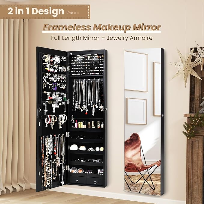 LDAILY Jewelry Armoire Wall or Door Mounted, Full-Length Mirror with Storage, Lockable Mirror Jewelry Cabinet w/ 2 Drawers, LED Lights, Over the Door Jewelry Organizer Box for Women Girls