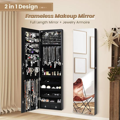 LDAILY Jewelry Armoire Wall or Door Mounted, Full-Length Mirror with Storage, Lockable Mirror Jewelry Cabinet w/ 2 Drawers, LED Lights, Over the Door Jewelry Organizer Box for Women Girls