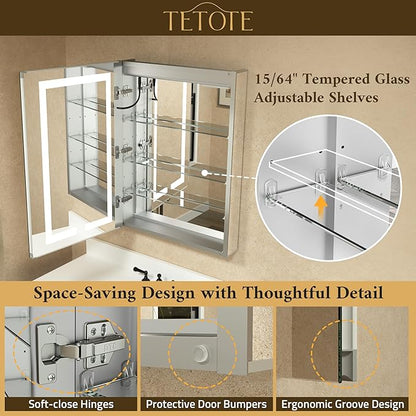 TETOTE LED Lighted Bathroom Medicine Cabinet Mirror with Lights 36 x 30 Recessed or Wall Mounted Cabinet with 2 Door, Tempered Glass, Outlets & USB, 3-Color Stepless Dimming, Defog, Adjustable Shelf
