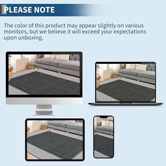 Garvee Modern Bordered Neutral Rugs for Living Room 8x10 Washable Rug Black | Large Non Slip Low Pile Soft Carpet Foldable Non-Shedding Woven Printed Floor Cover for Bedroom Playroom Nursery Office Dorm