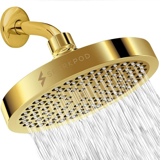 SparkPod Rain Shower Head, 6 Inch Round, Egyptian Gold Finish | High Pressure Shower Heads, 90 Nozzles, Adjustable Showerhead, No Tools Needed, Universal Connection