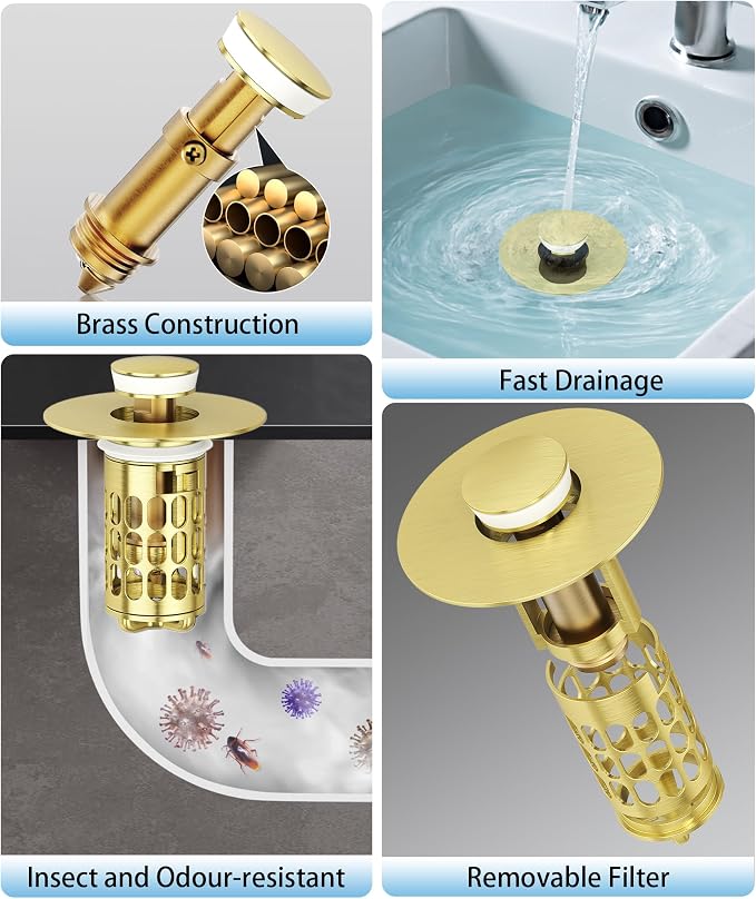 QYHNYJF Upgraded Bathroom Sink Stopper with Hair Catcher - Universal Pop-Up Drain Plug, Stainless Steel & Silicone Seal for 1.1-1.5 Inch Drains, Gold Matte Brushed Finish (Gold Matte Brushed)