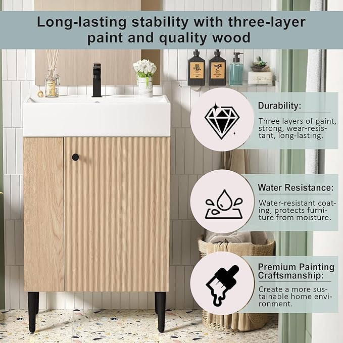 LUMISOL 21.6" Small Bathroom Vanity with Sink, Narrow Depth Bathroom Vanity with Soft-Close Door & Left Side Shelf, Wooden Freestanding Bathroom Sink Cabinet with Ceramic Sink, Natural