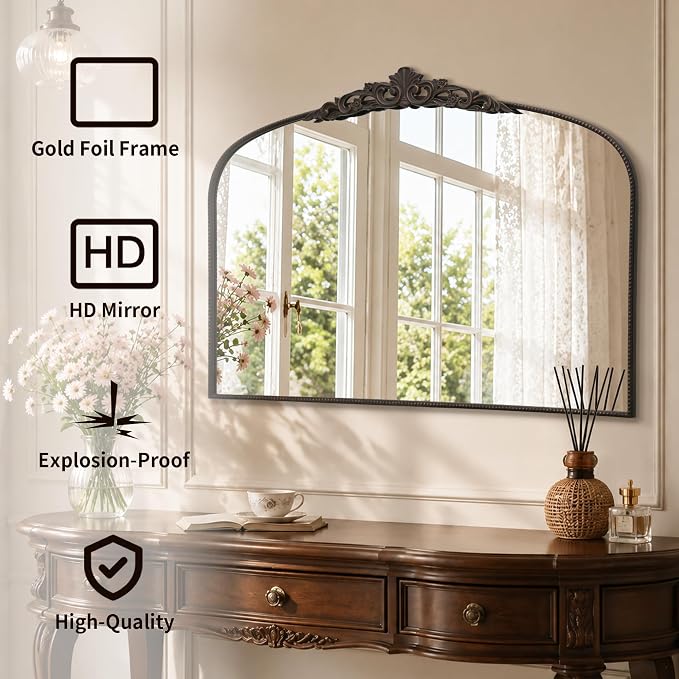 Micasso Oversized Bronze Arched Mirror: 55"x36" Baroque Vintage Wall Mirror | French Antique Traditional Ornate Decorative for Entryway/Bedroom/Bathroom/Hallway/Fireplace - Home Decor for Living Room