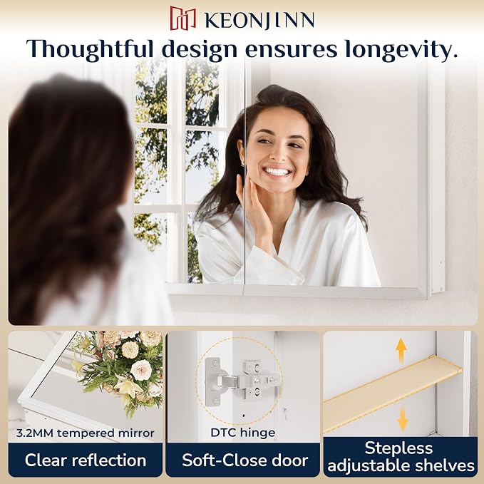 Keonjinn Large Medicine Cabinet Mirror 48 x 32, Black Beveled Frame, 3 Door | Assembly Required, Adjustable Shelves, Aluminum Cabinet, Tempered Glass, Surface Mount or Recessed, Ideal for Large Bathroom