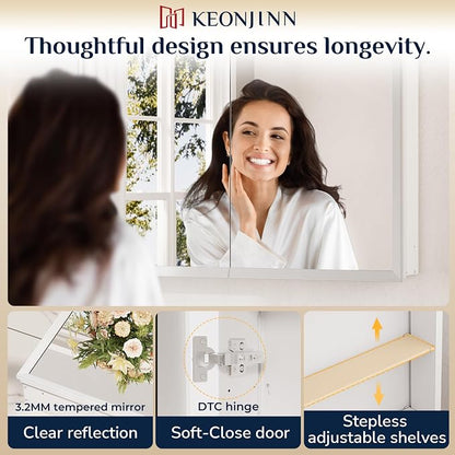 Keonjinn Large Medicine Cabinet Mirror 48 x 32, Black Beveled Frame, 3 Door | Assembly Required, Adjustable Shelves, Aluminum Cabinet, Tempered Glass, Surface Mount or Recessed, Ideal for Large Bathroom