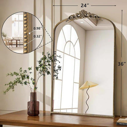 Micasso Bathroom Mirrors for Over Sink: 24"x36" Gold Vintage Arched Mirror | Traditional Ornate Baroque Decorative Antique Wall Mirror for Bedroom/Entryway/Hallway/Dresser/Vanity/Mantel/Nightstand