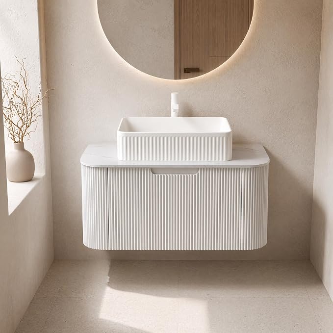 30 Inch Bathroom Vanity with Sink, Floating Wall Mounted Single Sink Vanity, White Curved Fluted Front, Stone Top, White Textured Rectangular Vessel Basin, Pre-Assembled