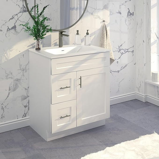 30" Shaker Bathroom Vanity Sink Base with Drawers (Ready-to-Assemble) (Vanity Base in White Shaker)