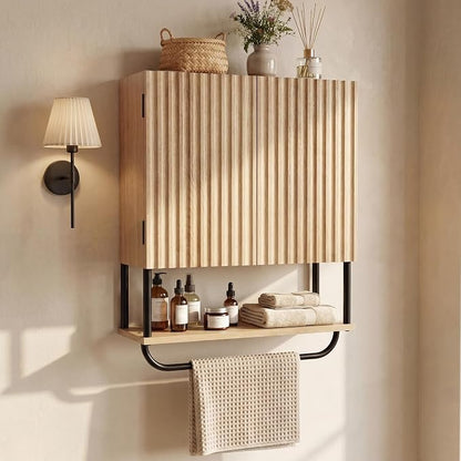 Fluted Bathroom Wall Cabinet,Wooden Medicine Cabinet with Towel Bar Oak | Fernitry Over the toilet Storage Cabinet Wall Mounted with Adjustable Shelf and Towel Bar 3-Tier 2 Doors Curved Modern
