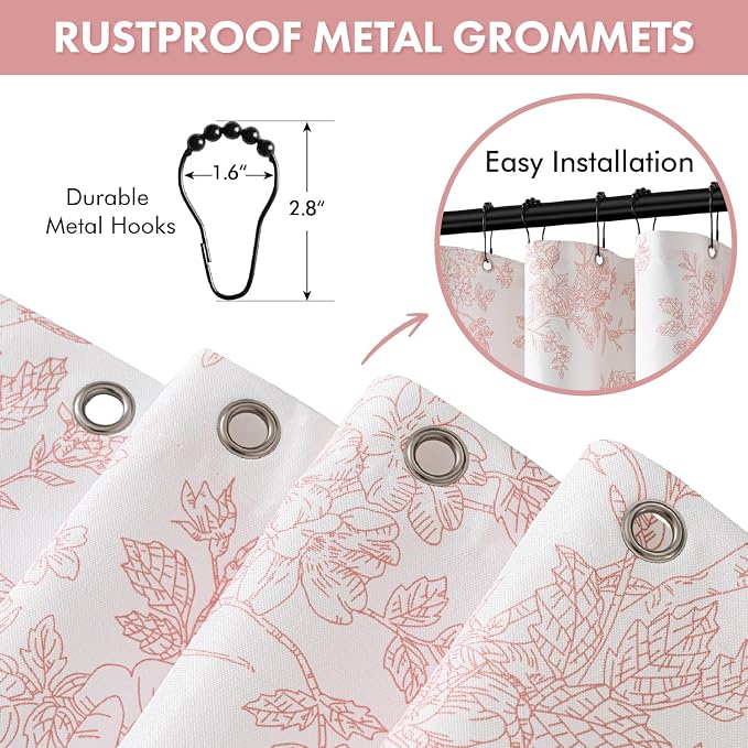Spring Pink Floral Shower Curtain W72*L72 Inches Long | Linen Textured Fabric, 12 Rustproof Metal Hooks, Wrinkle Resistant Cloth, Machine Washable, Bathroom Decor for Cottage Core