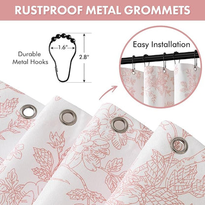 Spring Pink Floral Shower Curtain W72*L72 Inches Long | Linen Textured Fabric, 12 Rustproof Metal Hooks, Wrinkle Resistant Cloth, Machine Washable, Bathroom Decor for Cottage Core